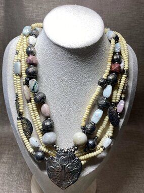 Vintage Multi Strand Bone Bead & Agate Necklace Ethnic Boho Heart Pendant